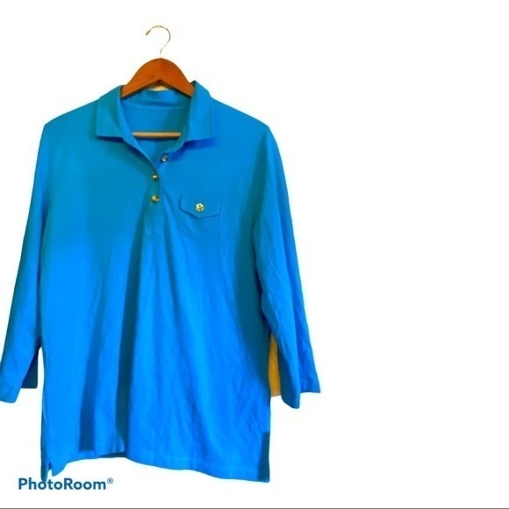 Talbots Blue‎ with Gold Button Blouse XL